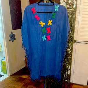 Blue Kaftan beach coverup with Colorful Floral Embroidery and tassels
